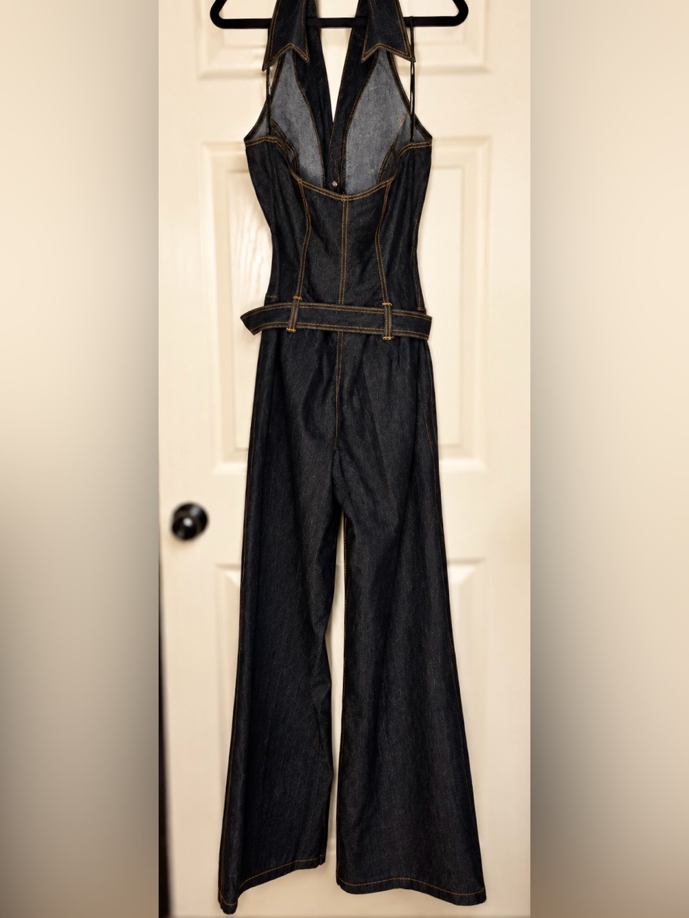 Bisou Bisou Y2K Dark Denim Halter Jumpsuit Wide Leg Open Back L - Picture 9 of 13